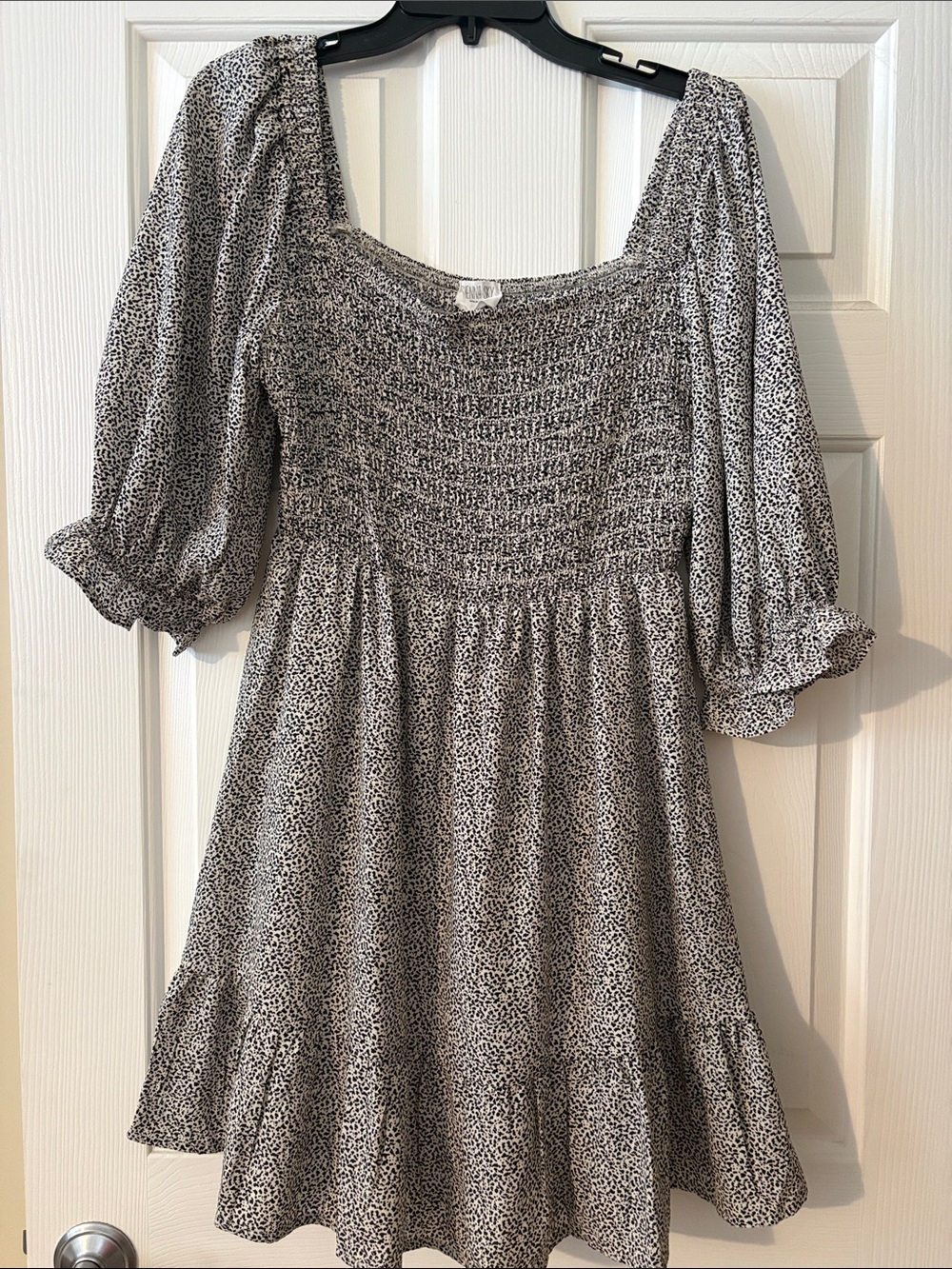 Smocked Square Neck Mini Dress - Black & Tan Print